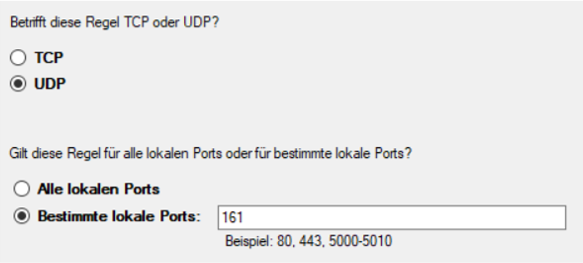 UDP-Protokoll auswählen und Port 161 eingeben