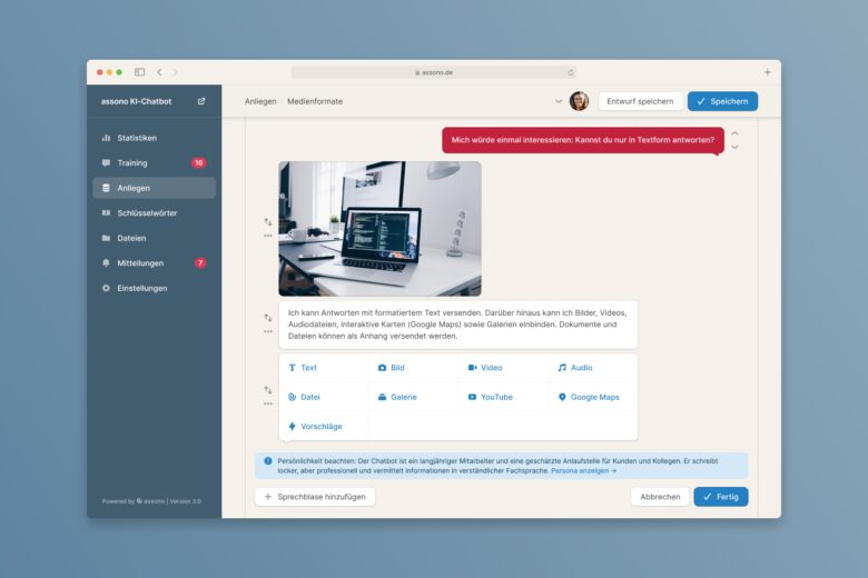 assono KI-Chatbot: Einfach zu verwalten: Im Dashboard verbessern Sie Ihren Chatbot und analysieren geführte Gespräche.
