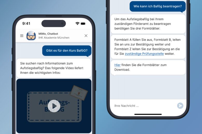 Referenzgeschichte: IHK Akademie München und Oberbayern und assono KI-Chatbot: Umfassende Themenvielfalt: „MiMo“ kennt sich mit Anliegen rund um die IHK Akademie, Förderung von Weiterbildungen und dem Kursangebot aus