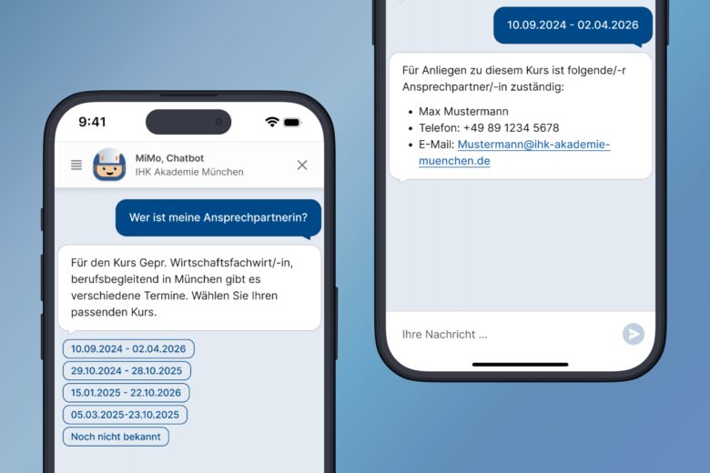 Referenzgeschichte: IHK Akademie München und Oberbayern und assono KI-Chatbot: Wer ist mein Ansprechpartner? „MiMo“ sucht die Kontaktinformationen heraus oder leitet Fragen direkt an die zuständige Person weiter